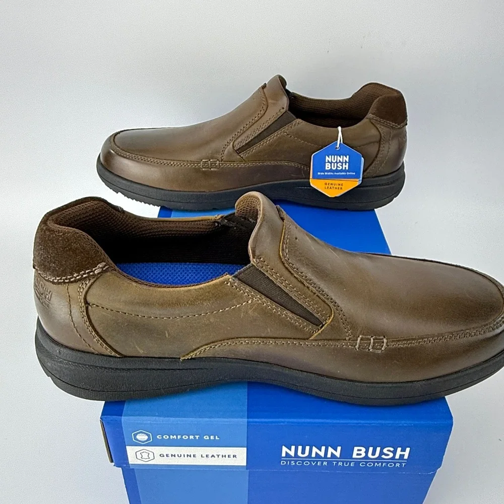 Nunn Bush Cam Slip-On Brown Leather Comfort Gel Shoes Mens 9.5 M NIB